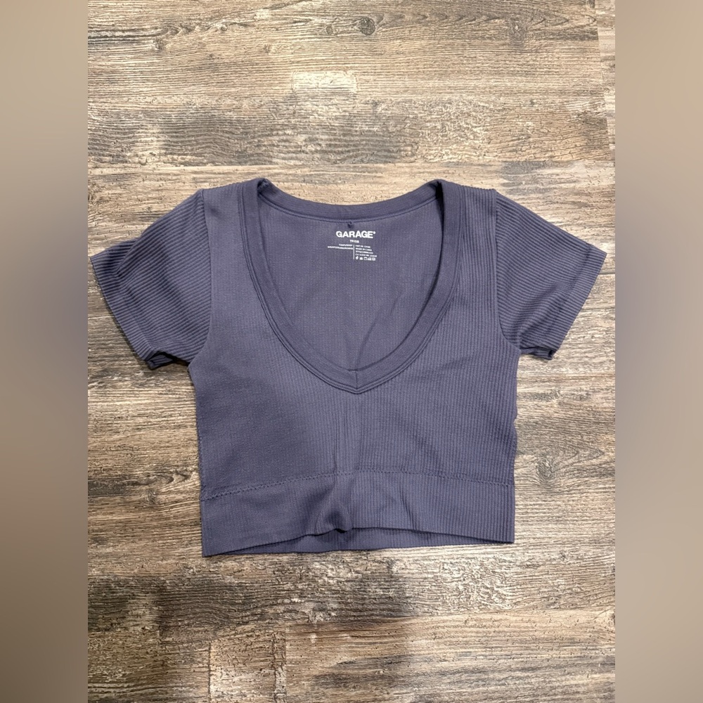 Garage Navy Ribbed Short Sleeve V-Neck Crop Top